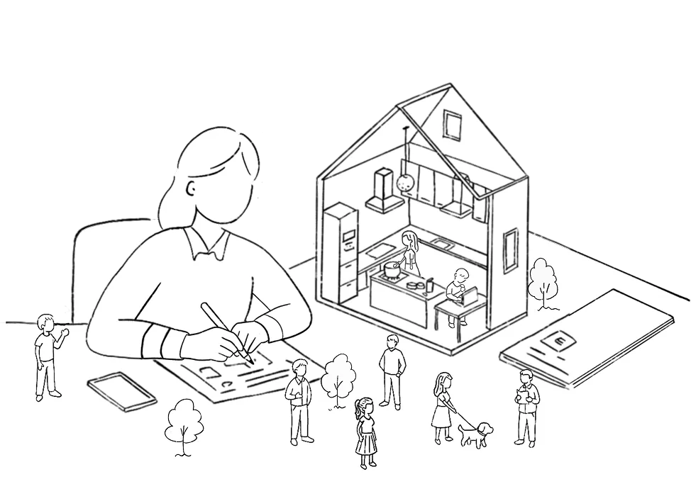 設計図を書いている女性と小人たちのイラスト