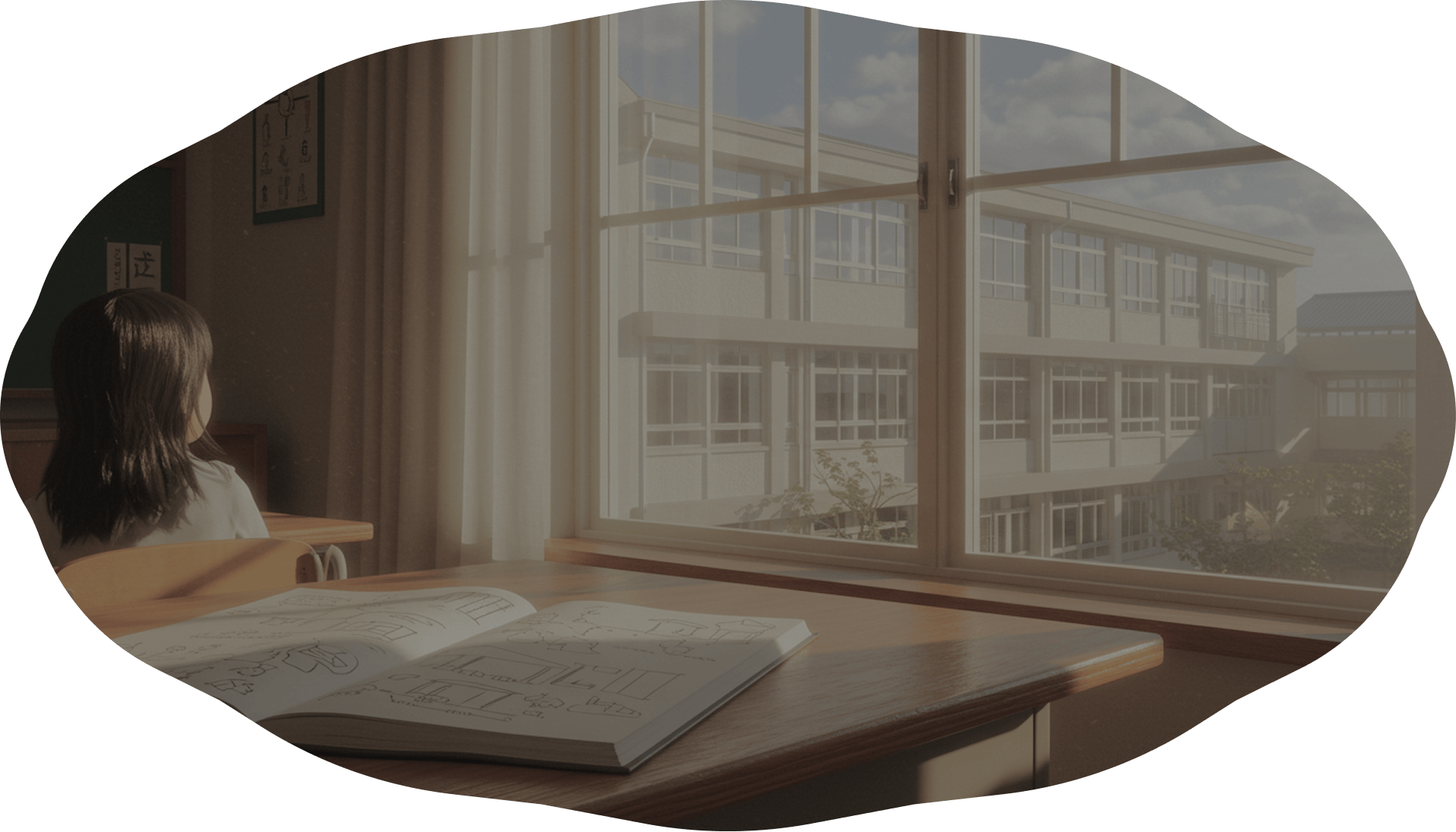教室の机に座り、窓の外の校舎を眺める子どもとノートのある風景
