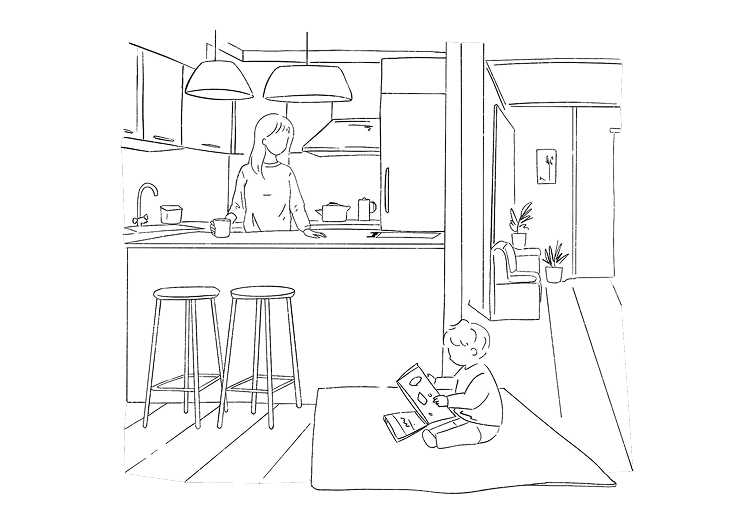 キッチンとリビングで過ごす親子の日常を描いた室内イラスト