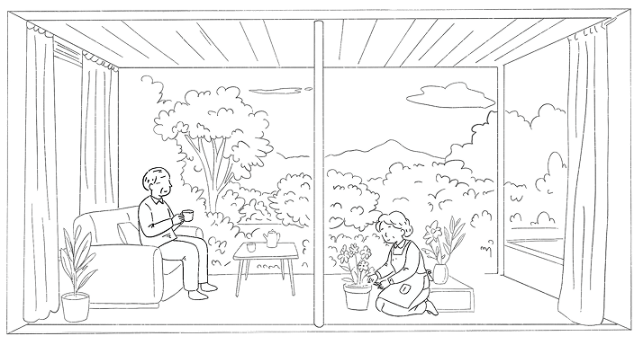 大きな窓のあるリビングで、ソファに座り庭の景色を眺めながら過ごす人物のイラスト
                        