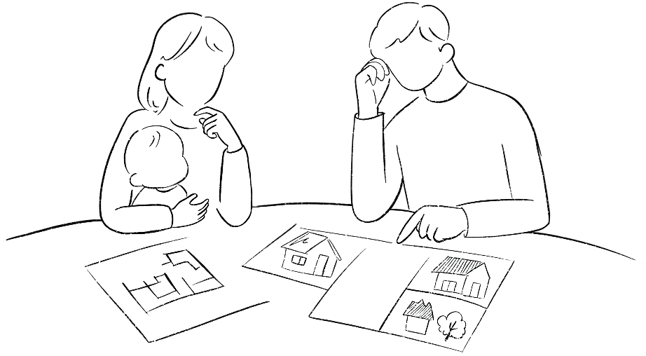 住宅の間取り図やイメージ図を見ながら家づくりについて悩む家族のイラスト