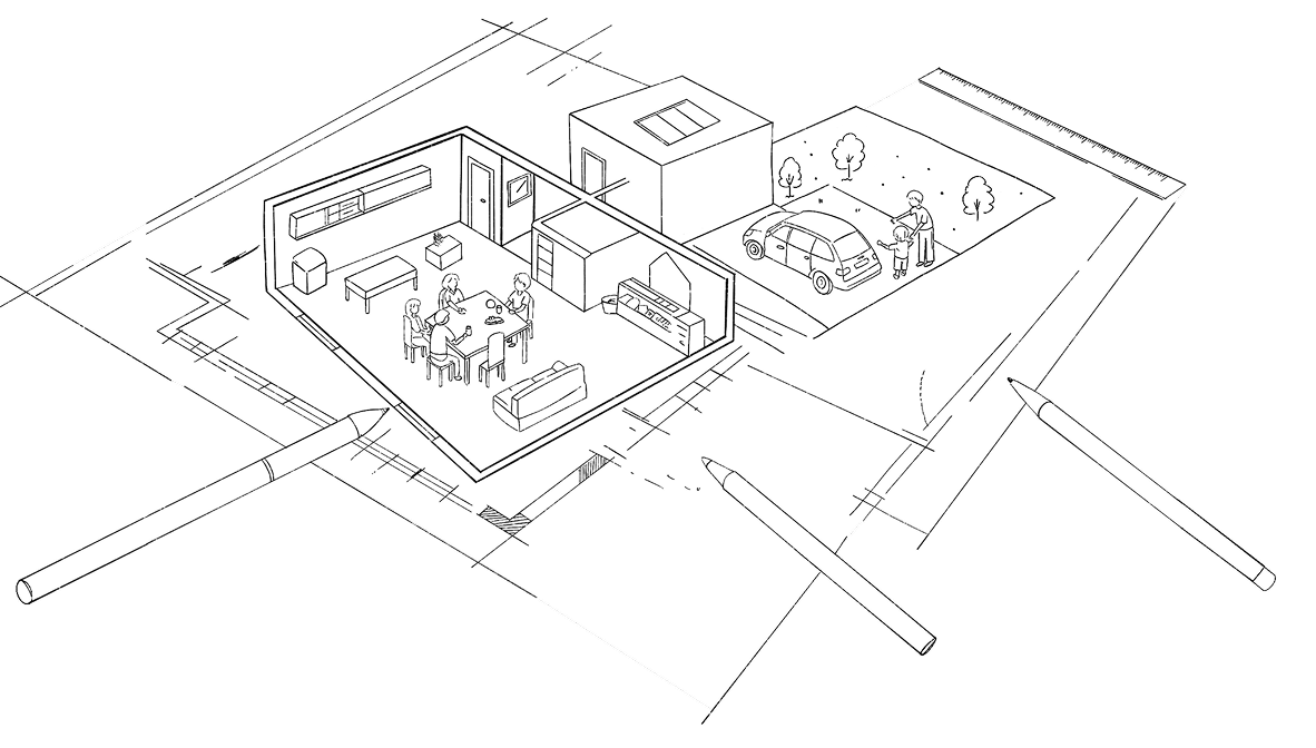 リビング・ダイニングと庭、駐車スペースを俯瞰で描いた住まいのコンセプトスケッチ