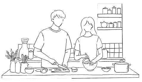 カップルがキッチンに立っているイラスト