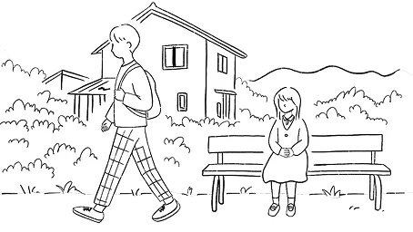 徒歩の男性と座っている女性のイラスト