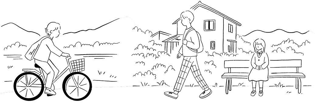 自転車に乗っている人、歩いている人、ベンチに座っている人の風景イラスト